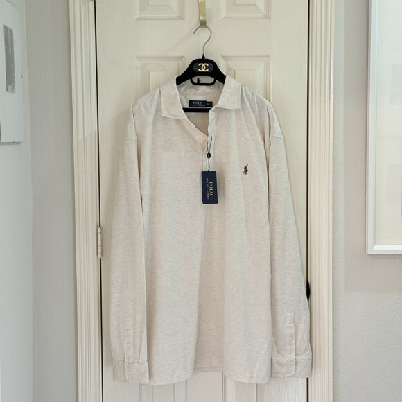 Ralph Lauren Polo Shirt Men's 2XL Tall Long Sleeve Heathered Cream Shirt - Picture 11 of 15